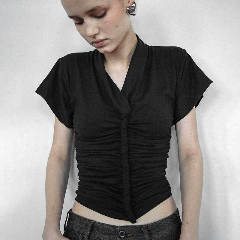 Dame elegant kortærmet top med figursyet drapering Skovae