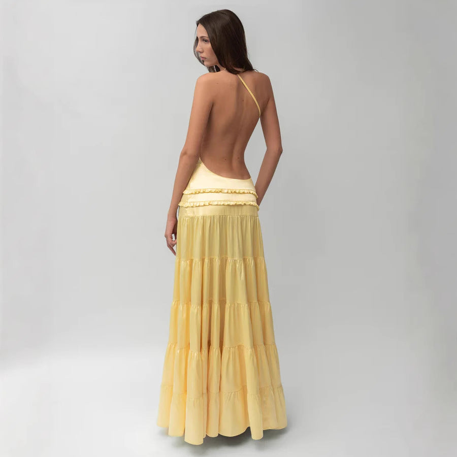 Dame elegant asymmetrisk maxikjole med flæsedetaljer Skovae