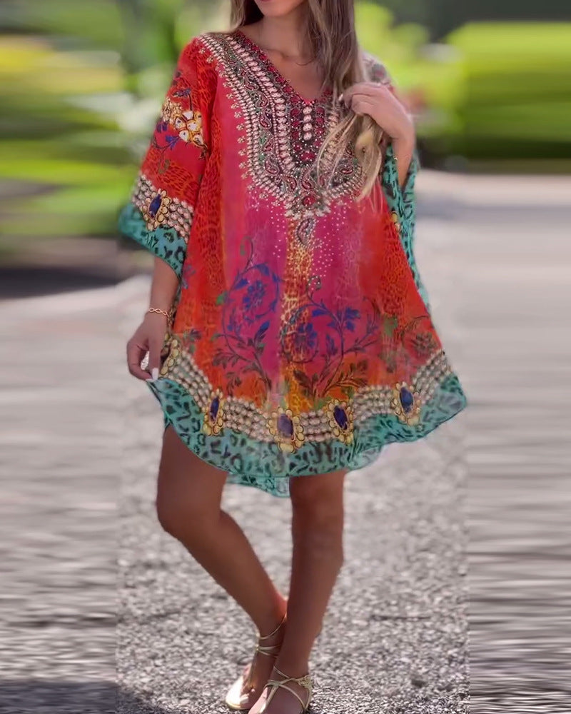 Dame Kaftan med elegant V-udskæring og funkende print Stilla