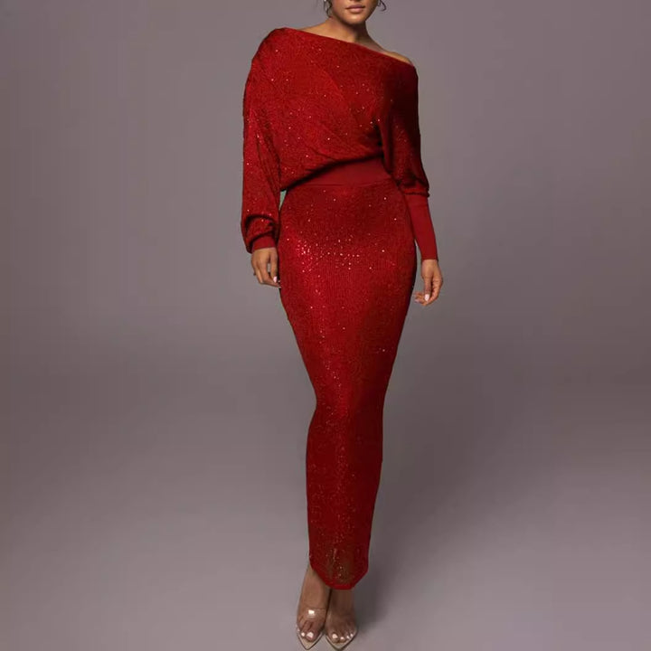 Kvindernes Glamourøse Strikkjole med Glitrende Pailletter og Off-Shoulder Design