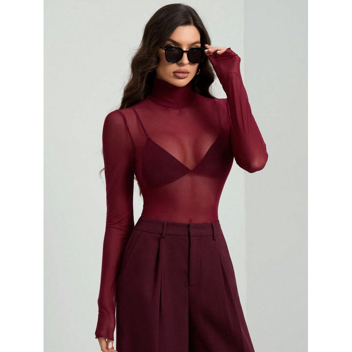 Dame Elegant langærmet transparent top med høj krave Skovae