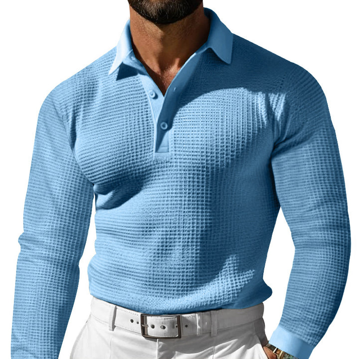 Herren nan figurbetontes Langarm-Poloshirt aus feiner Waffelmasche mit schmalem Milano-Kragen und elastischem Saum Skovae