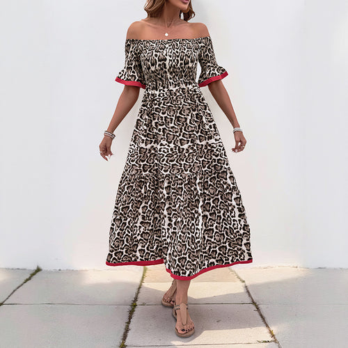 Dame Off-Shoulder Maxikjole med dyreprint og flæsedetaljer Stilla