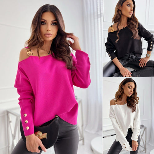 Dame afslappet striktrøje med off-shoulder design og dekorative knapdetaljer Stilla