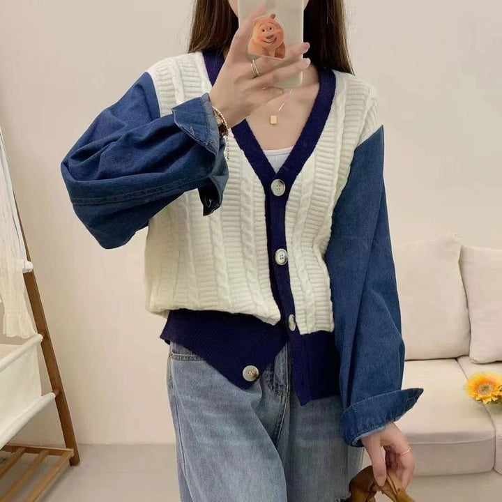 Kvinders stilfulde strikket cardigan med denimærmer Stilla