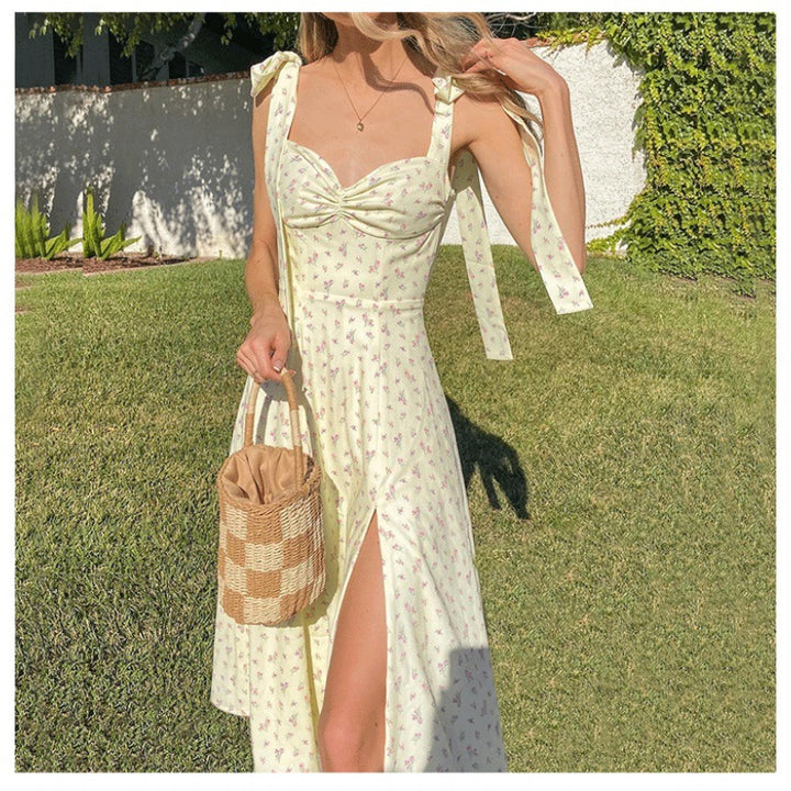 Dame Floral Print Maxi Kjole med Sløjfærmer Stilla
