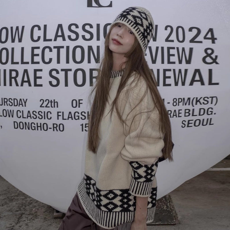 Dame Oversized Strikpullover med grafisk mønster og høje ribkanter Stilla