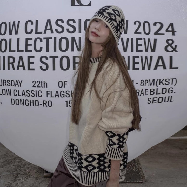 Dame Oversized Strikpullover med grafisk mønster og høje ribkanter Stilla