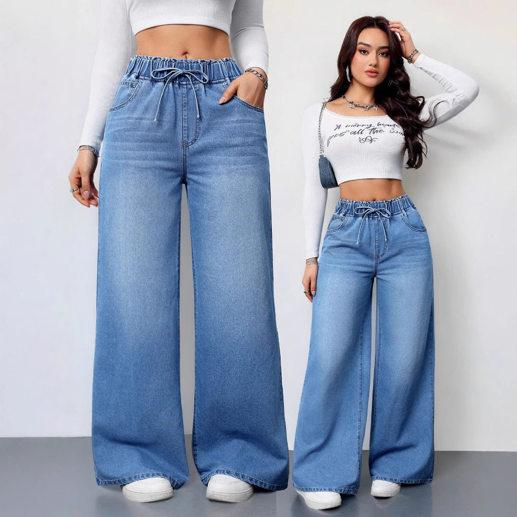 Dame bred jeans med elastisk linning og sideskuffer Stilla