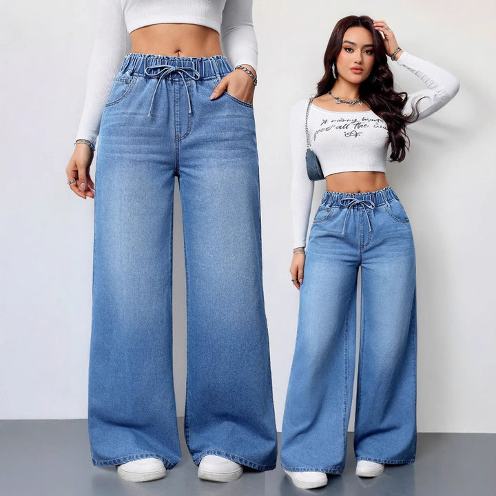 Dame bred jeans med elastisk linning og sideskuffer Stilla