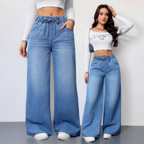 Dame bred jeans med elastisk linning og sideskuffer Stilla