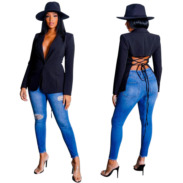 Dame elegant blazer med figursyet snit og dyb V-hals Stilla