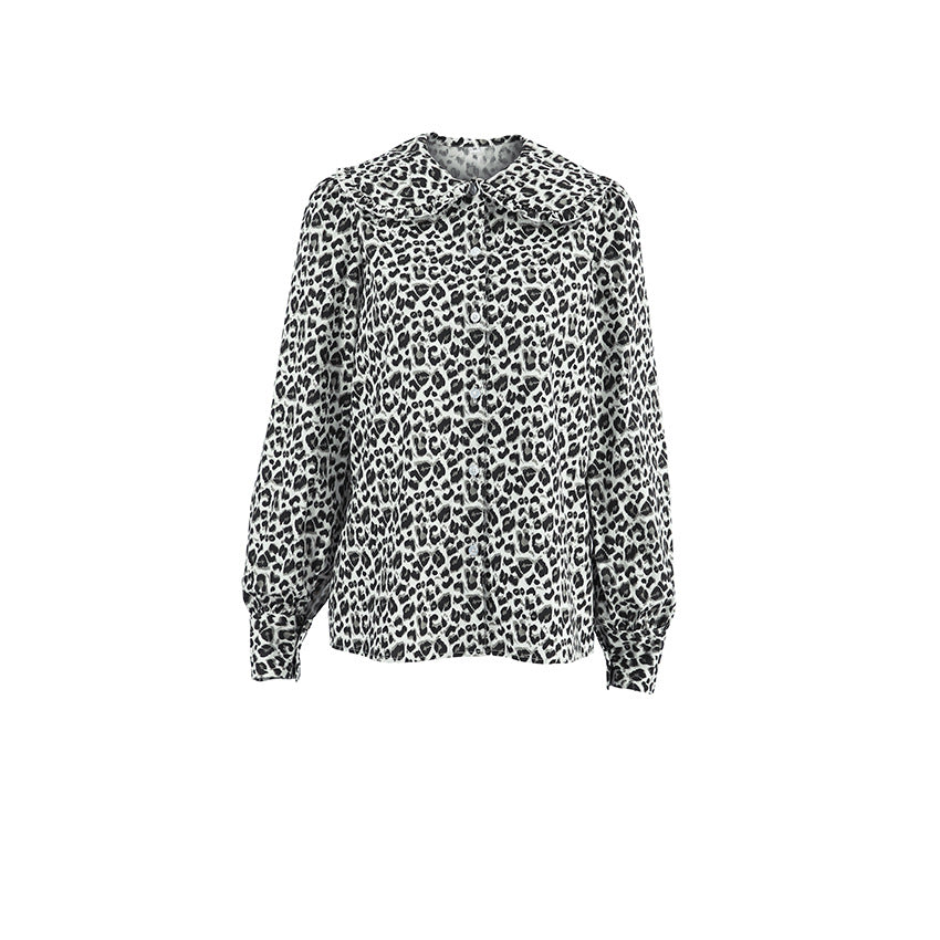 Dame Rynkebluse med dyreagtigt mønster og elegant krave Stilla