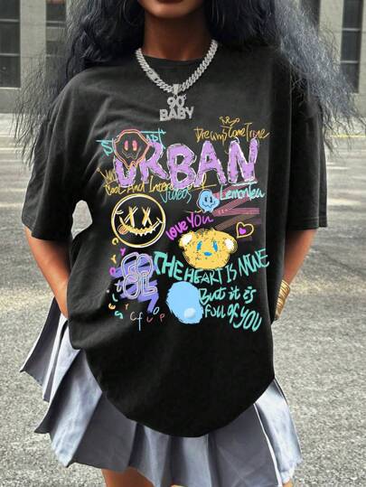 Dame oversized grafik T-shirt med urban design Skovae