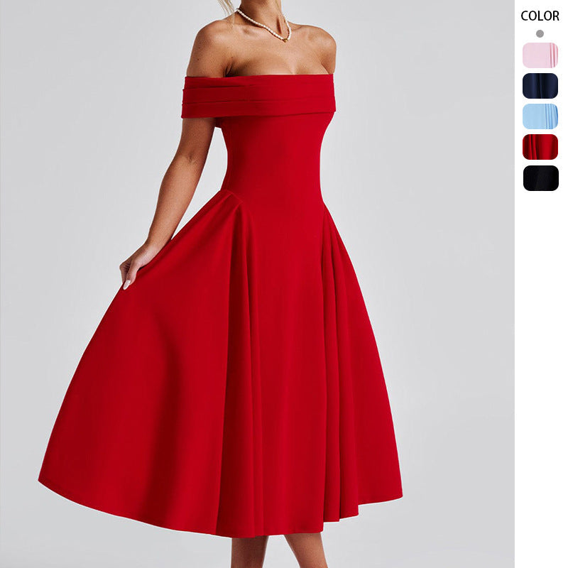 Dame Elegant Aftenkjole med Skulderfri Design og Voluminøs Skørt Skovae