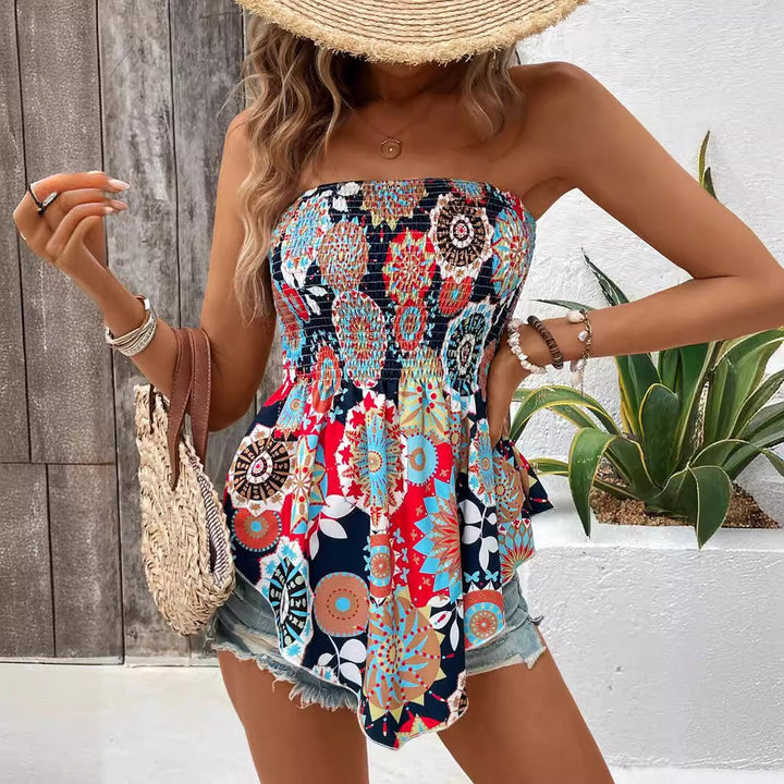 Damer Strapless Bohemian Trykt Smocked Top Stilla