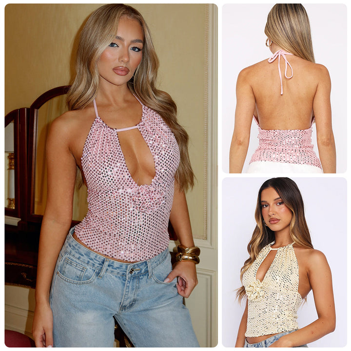Kvinder Glamourøst Blonde Top med Glitrende Pailletter og Elegant Halter Design Skovae