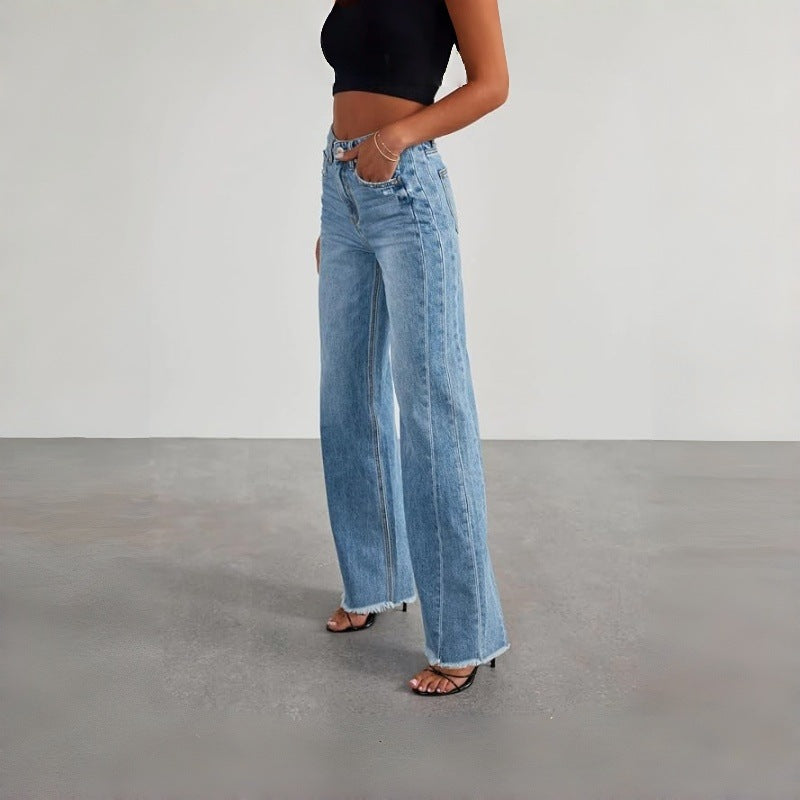 Dame Bredde Denim-Bukser med rå kant og praktiske lommer Skovae