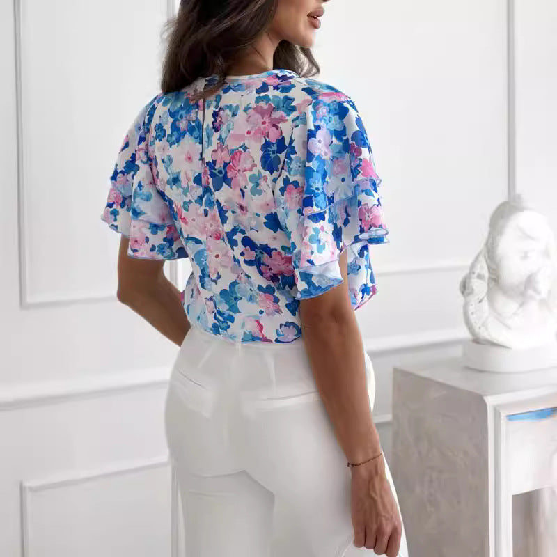 Dame Kortærmet Blomster Rüschenshirt Stilla