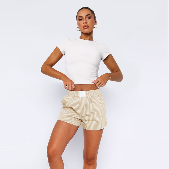 Dame bomulds-shorts med elastisk talje og stribemønster Stilla