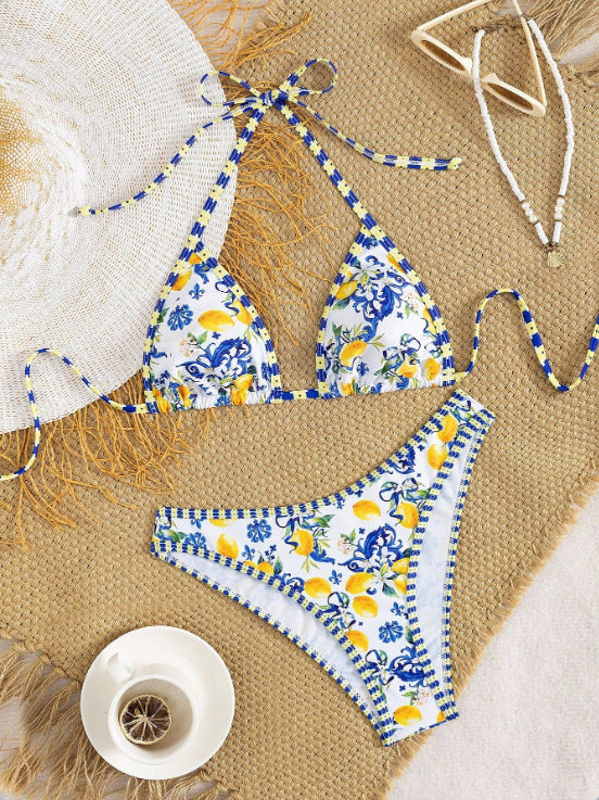Dame Triangle-Bikini med blomstret design og bindedetaljer Skovae