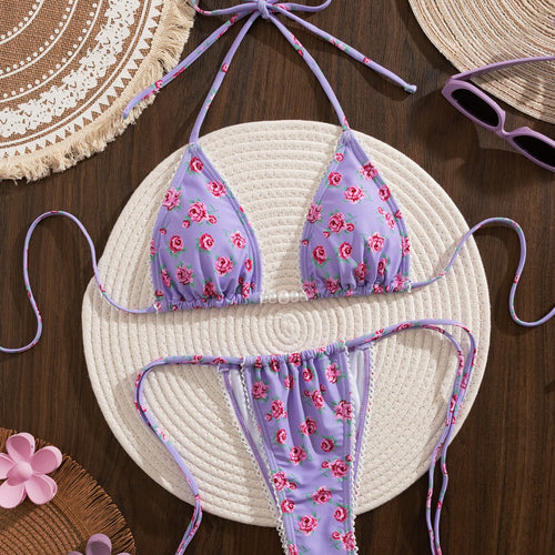 Dame Triangel-Bikini med blomstret print og legende flæser Skovae