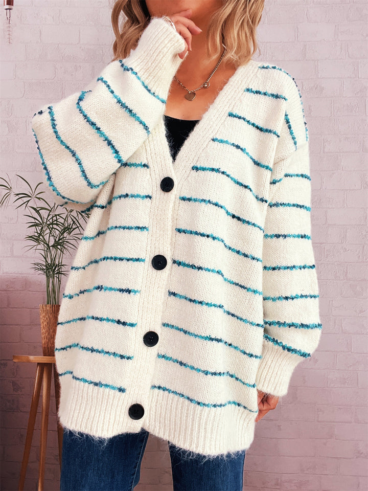 Damer varm strik cardigan med stribet mønster og store knapper Stilla