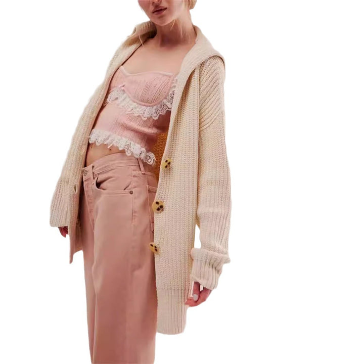 Kvinders chunky strik cardigan med moderne reverskrave og dekorative knapper Stilla