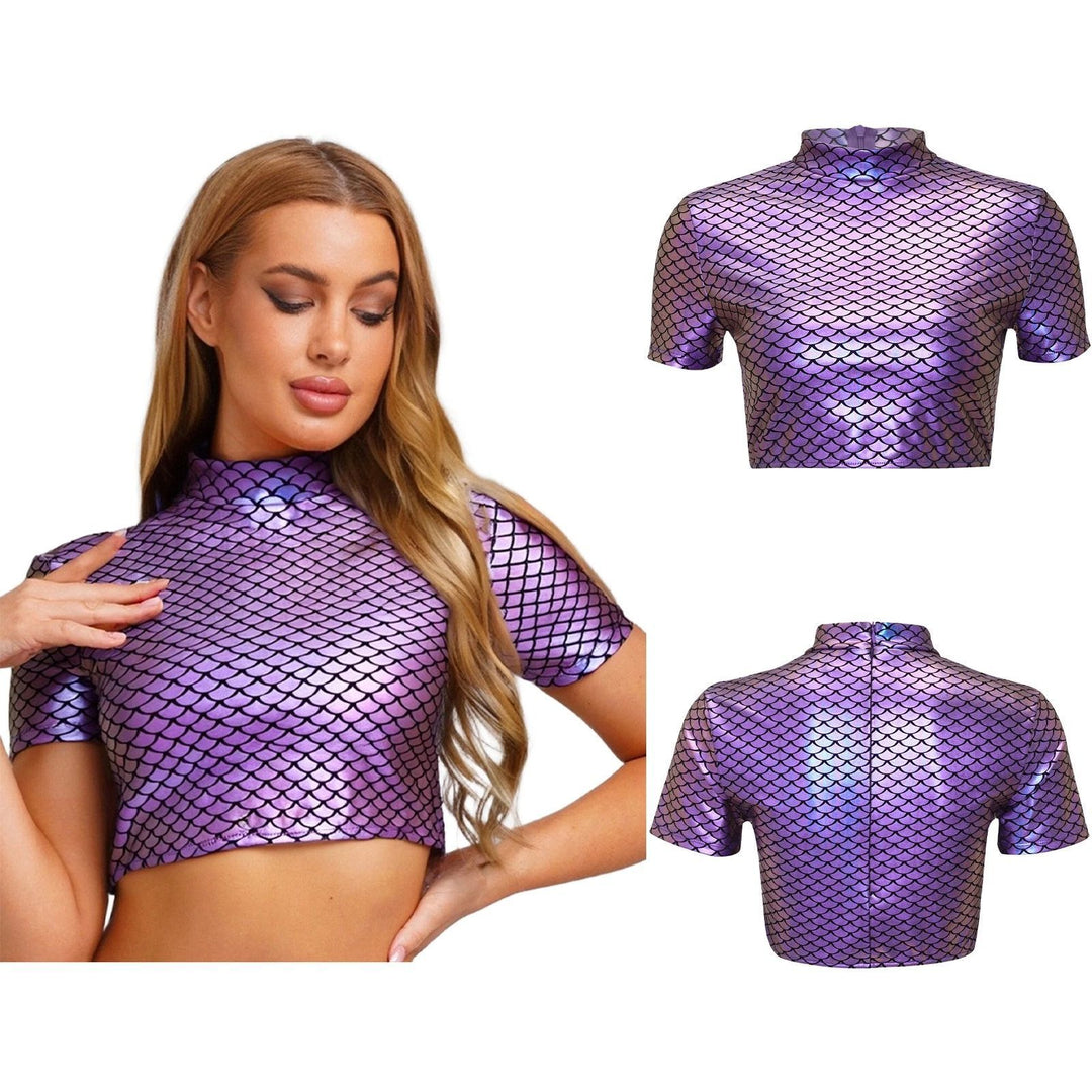 Dame Glitrende Cropped Shirt med glitrende fiskskæl-mønster Skovae