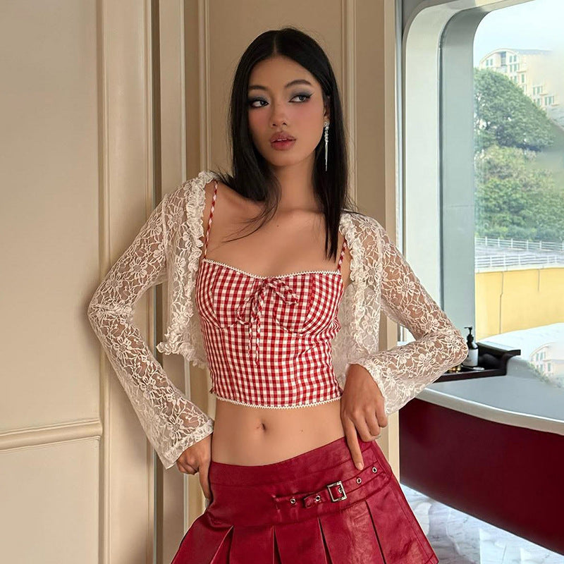 Dame Crop-top med flæse detaljer og ternet mønster Stilla