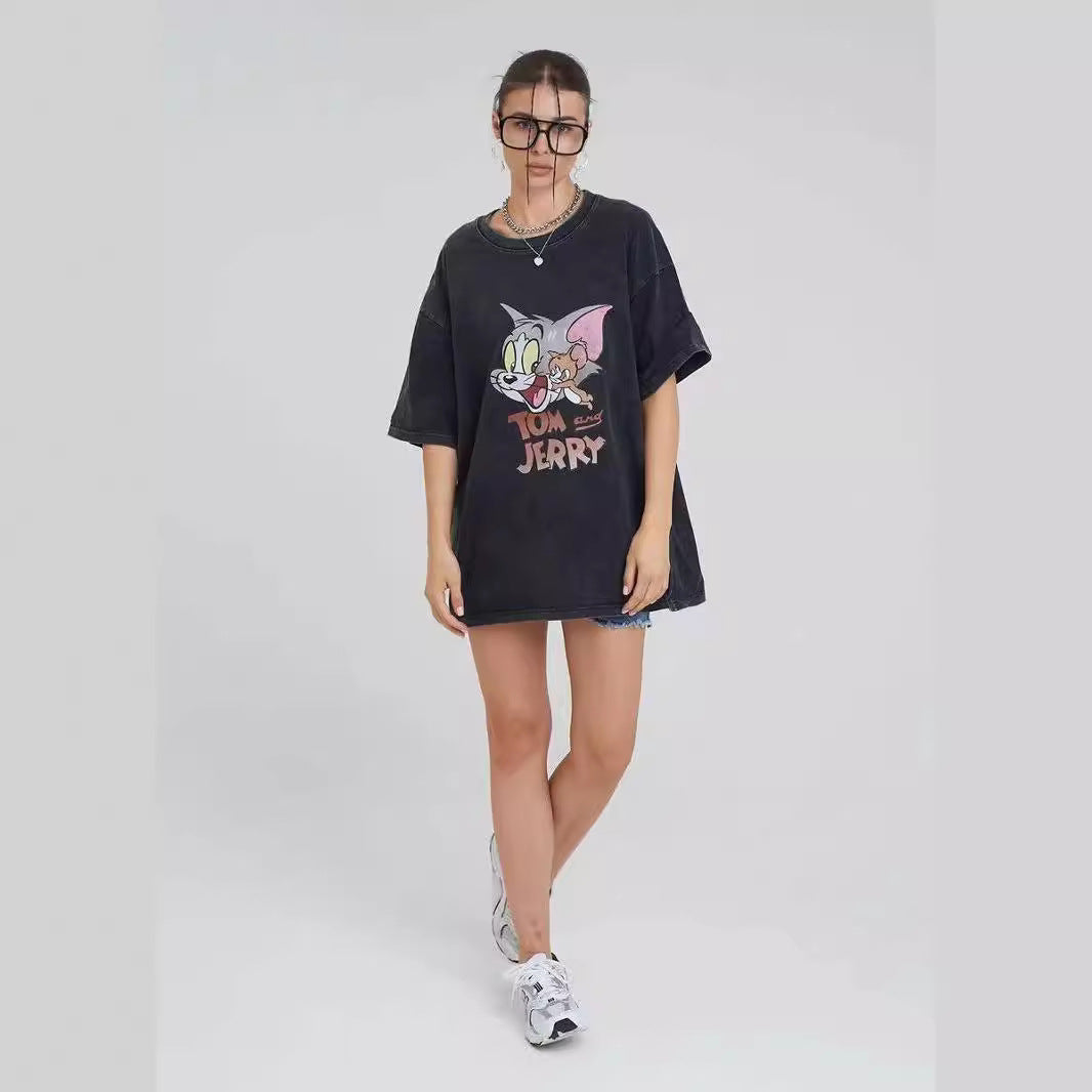Dame Oversized T-Shirt med afslappet cartoon-tryk og høj kvalitet vintage-effekt Stilla