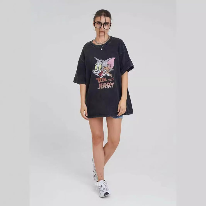 Dame Oversized T-Shirt med afslappet cartoon-tryk og høj kvalitet vintage-effekt Stilla