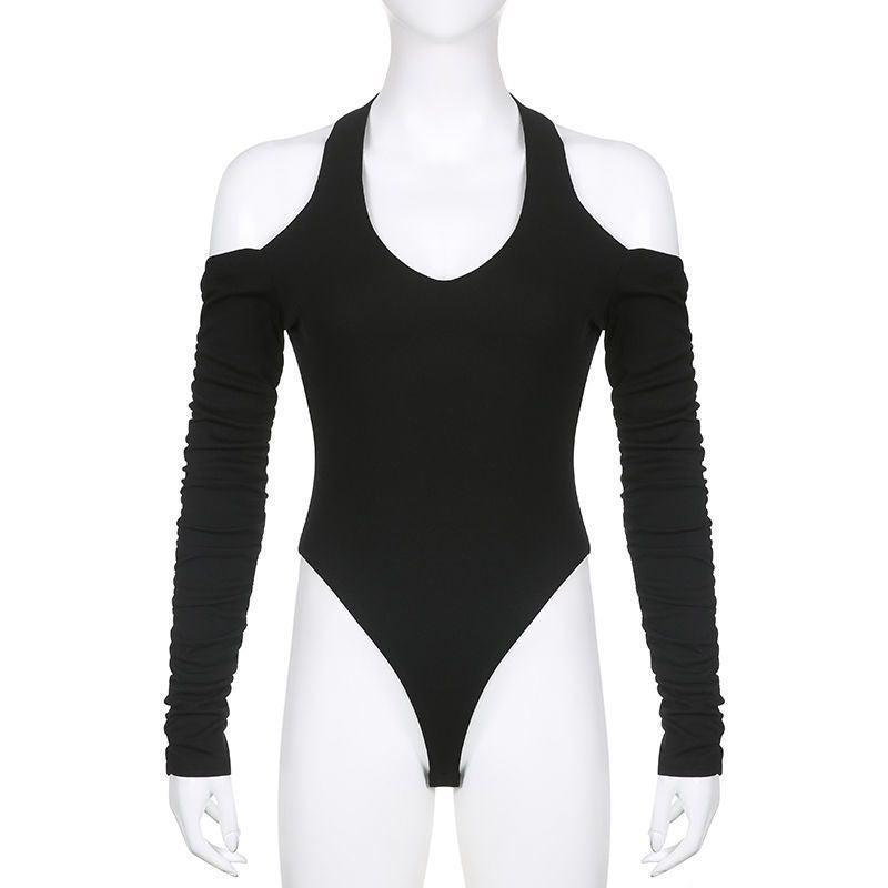 Dame kropsnær langærmet bodysuit med dyb V-udskæring og raffinerede flæsedetaljer Skovae