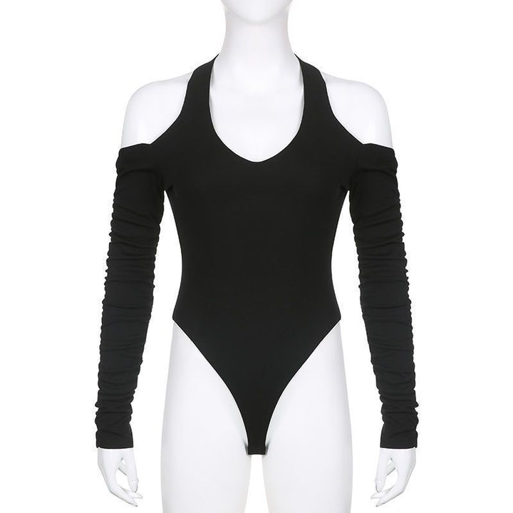 Dame kropsnær langærmet bodysuit med dyb V-udskæring og raffinerede flæsedetaljer Skovae