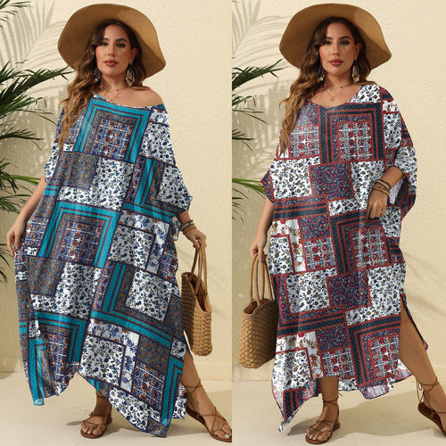 Dame luftig maxikjole med farverigt patchwork-design Skovae