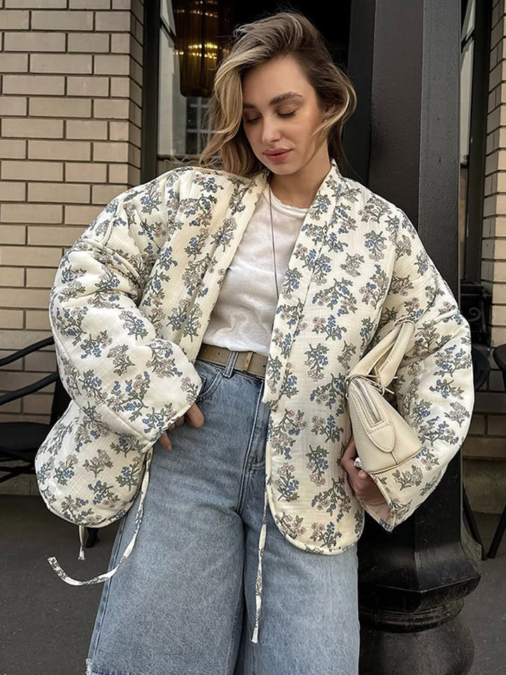 Damens quilted Jacquard cardigan med blomster mønster Stilla