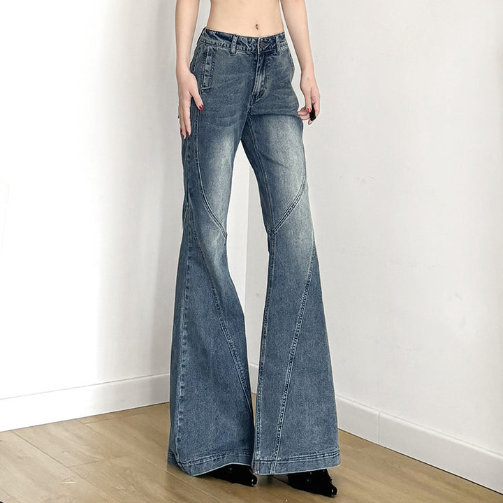 Dame klassiske Flared Jeans med højt liv og frynset kant Skovae