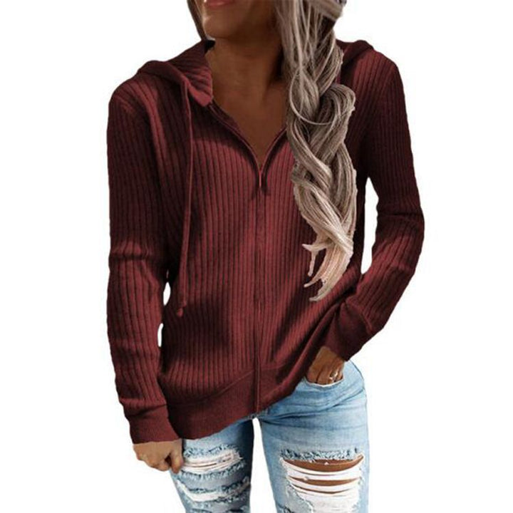 Dame nan ribbet hoodie med hætte og halvdelen lynlås og kengurutaske Skovae
