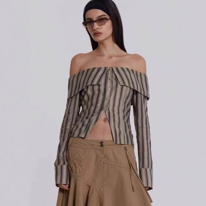 Dame Off-Shoulder stribet bluse med knapdetaljer Stilla