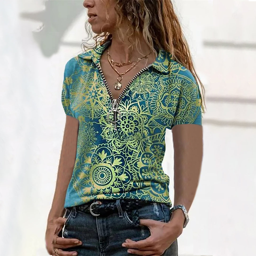 Dame Polo-shirt med florale mønster og figursyet snit Stilla