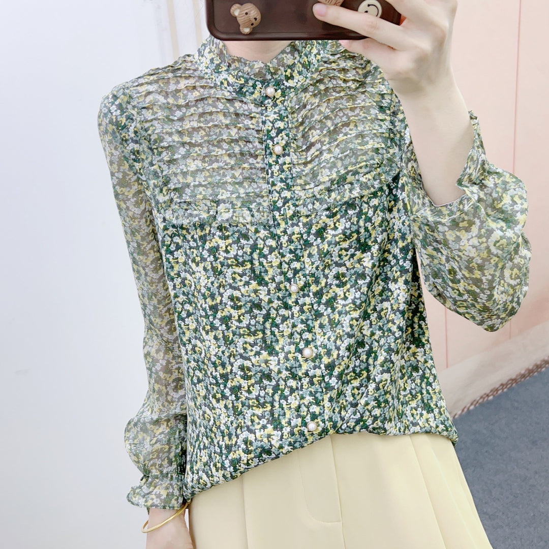 Dame Gennemsigtig Bluse med blomsterdesign og elegante flæsedetaljer Stilla