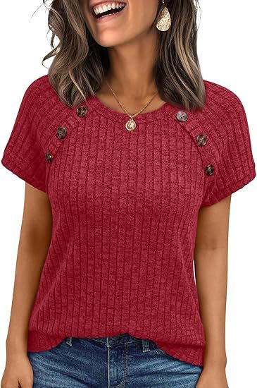 Dame afslappet ribstrik T-shirt med knapper Skovae