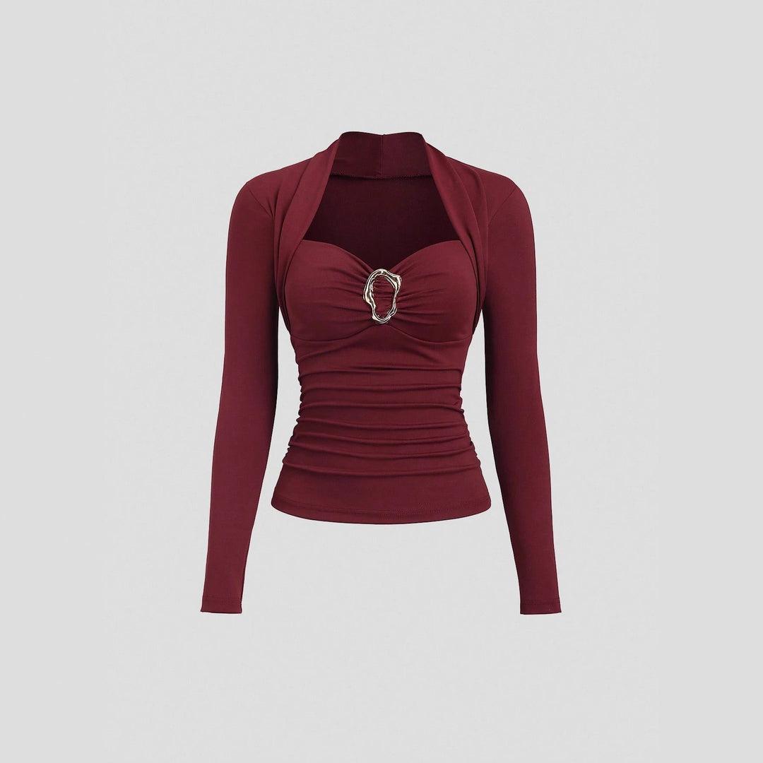 Dame nan figurbetonede Raffung-top med hjerteformet udskæring, bustier-look og guldsmykkeklemme Skovae