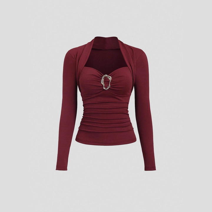 Dame nan figurbetonede Raffung-top med hjerteformet udskæring, bustier-look og guldsmykkeklemme Skovae