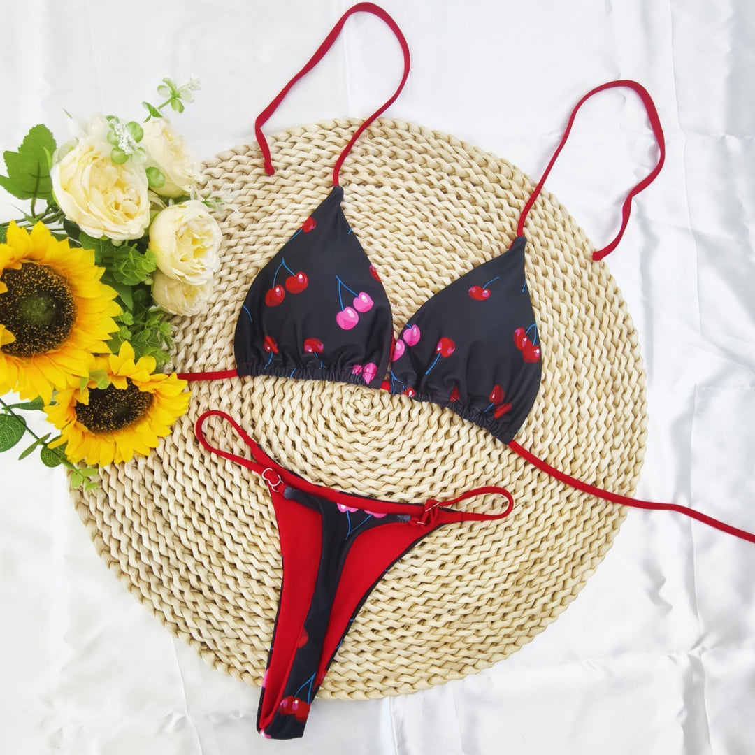 Dame triangulært bikini-sæt med muntert kirsebærmønster og justerbare stropper Skovae