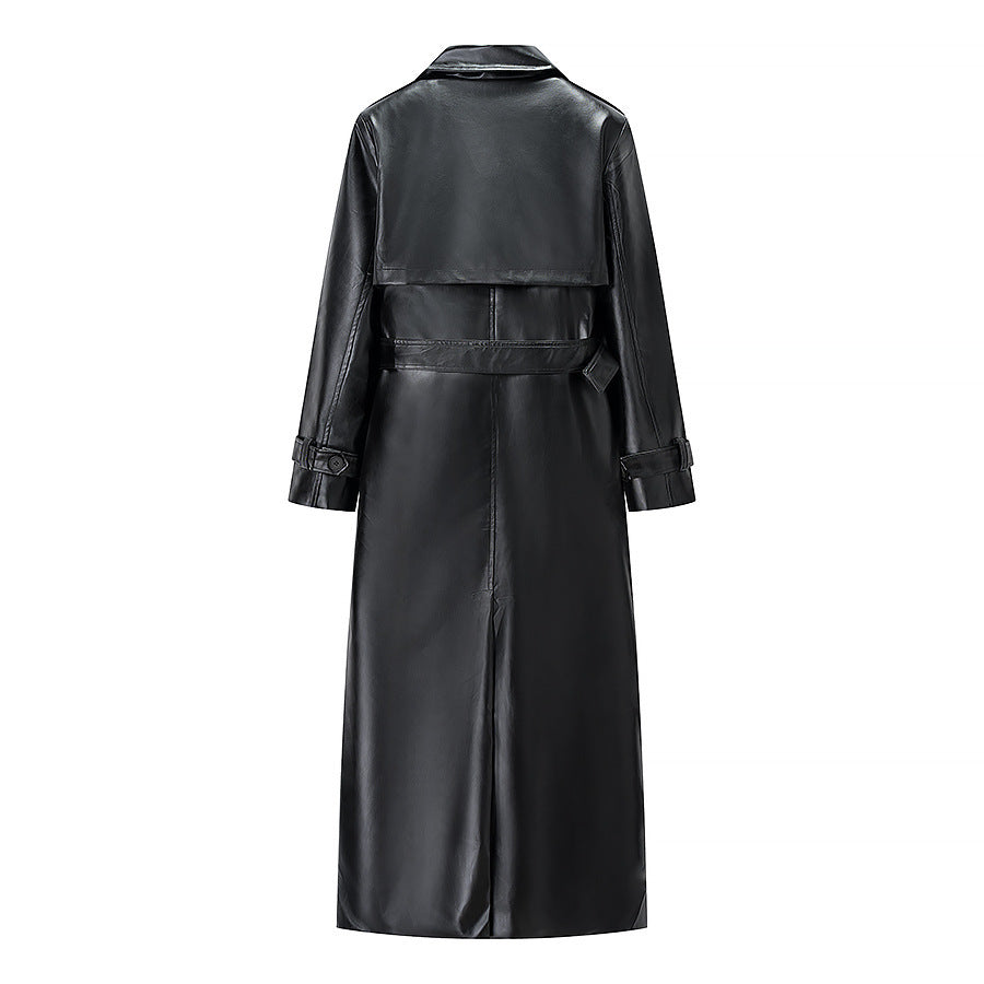 Damer Elegant Faux Læder Trench Coat med Stilfuld Bælte og Praktiske Lommer Stilla