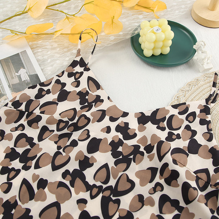 Dame Outfit-sæt med blomsterknyttet top og nederdel i leopardmønster Stilla