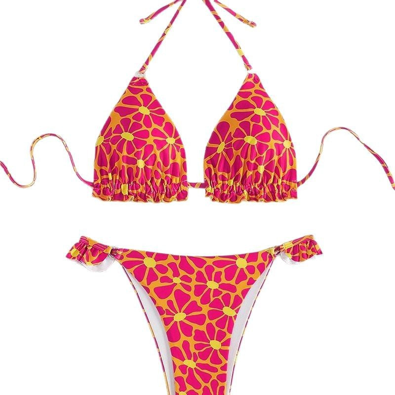 Dame Farverig Blomster Bikini med Flæse og Strings Stilla