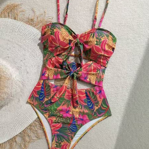 Dame one-piece badedragt med dekorativ knude detalje og legende blomstermønster Skovae