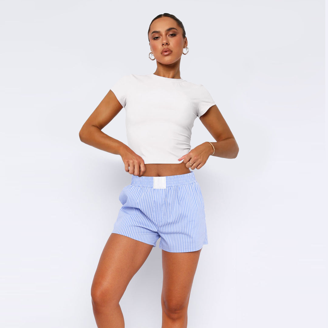 Dame bomulds-shorts med elastisk talje og stribemønster Stilla